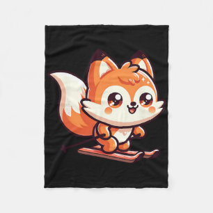 Cute Skiing Fox Kawaii Alpine Slope Winter Fun Fleece Blanket