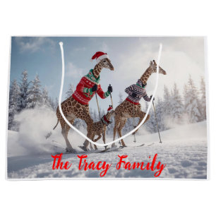 Cute Skiing Giraffe Family Christmas Personalized Large Gift Bag