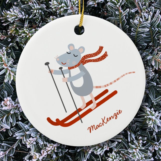 Cute Skiing Mouse Personalized Ceramic Ornament (Creator Uploaded)