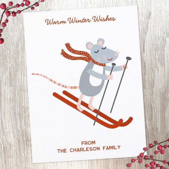 Cute Skiing Mouse Personalized Holiday Postcard (Creator Uploaded)