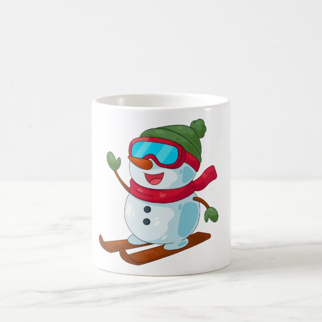 Cute Skiing Snowman Illustration Magic Mug (Center)