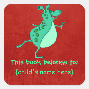 Cute Skipping Green Alien - Book Belongs To Square Sticker