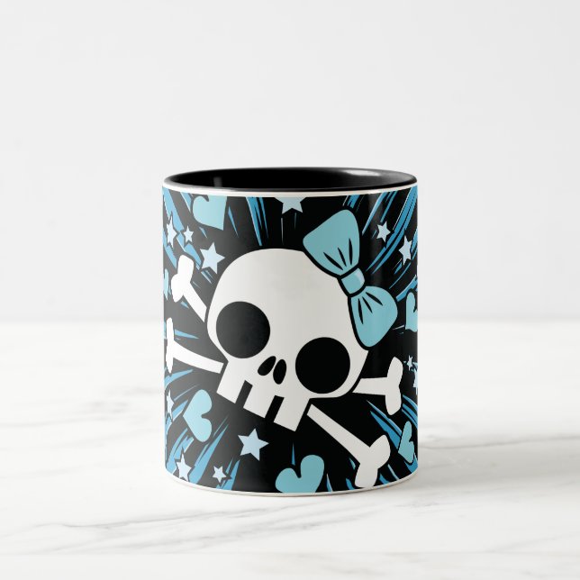 Cute Skull and Crossbones - Blue Two-Tone Coffee Mug (Center)
