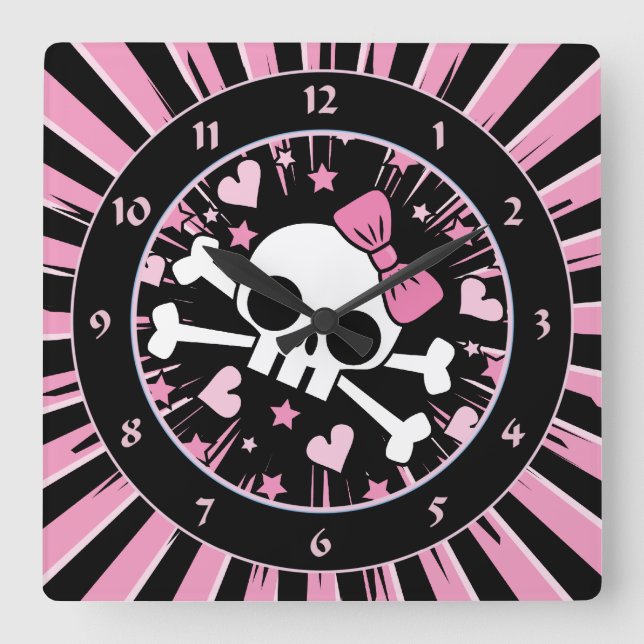 Cute Skull and Crossbones Square Wall Clock (Front)