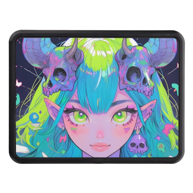 Cute Skull and Horns Punk Rock Anime Girl Trailer Hitch Cover (Front)