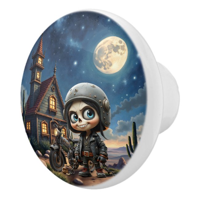 Cute Skull Biker | Moonlit Ride Through the Desert Ceramic Knob (Right)