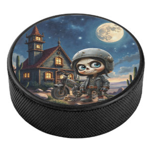 Cute Skull Biker   Moonlit Ride Through the Desert Hockey Puck