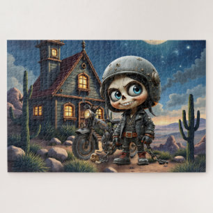 Cute Skull Biker   Moonlit Ride Through the Desert Jigsaw Puzzle
