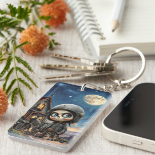 Cute Skull Biker Moonlit Ride Through the Desert Keychain