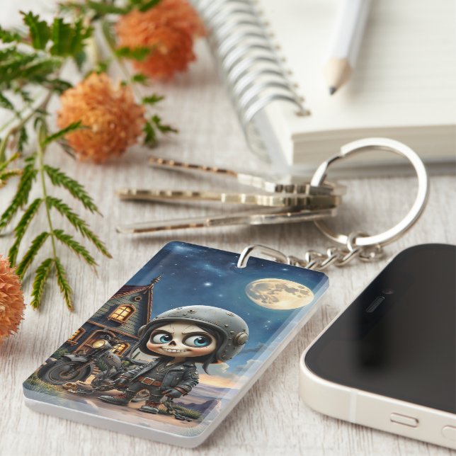 Cute Skull Biker | Moonlit Ride Through the Desert Keychain (Front Right)