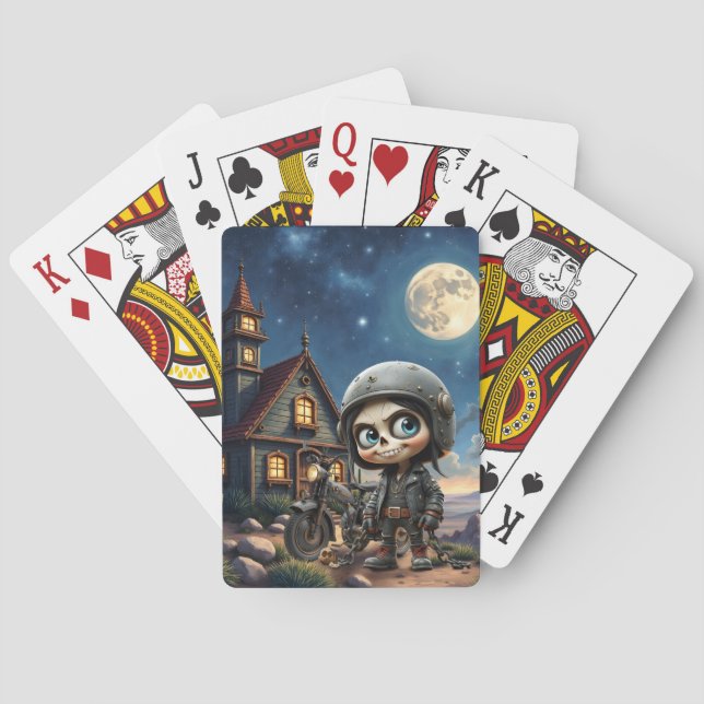 Cute Skull Biker | Moonlit Ride Through the Desert Playing Cards (Back)