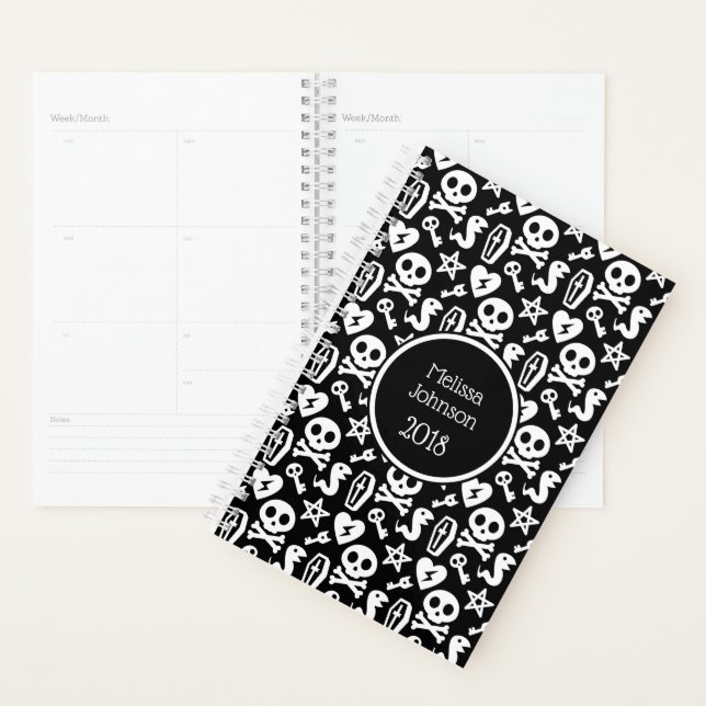 Cute Skull Black & White Pattern Personalized Name Planner (Display)