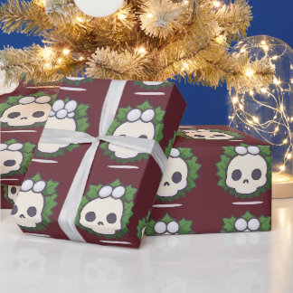 Cute Skull Holly Spooky Goth Christmas Wrapping Paper