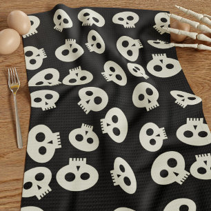 Cute Skull Pattern Black and Cream Halloween Kitchen Towel