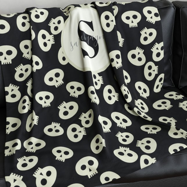 Cute Skull Pattern Monogram Black Fleece Blanket (Add your initial and or name to this cute skull pattern blanket. Perfect for snuggles!)