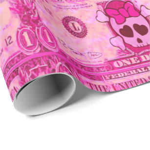 cute  skull,pink dollar wrapping paper