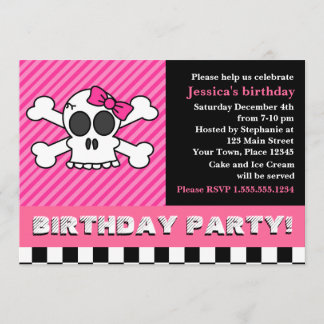 Cute Skull w/ Bow Birthday Party - Pink Invitation