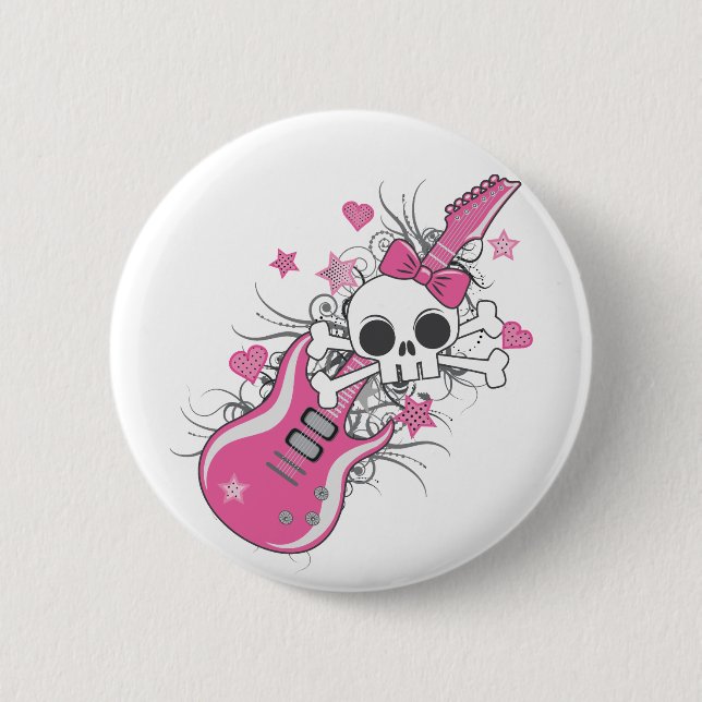 Cute Skull with Pink Guitar 2 Inch Round Button (Front)
