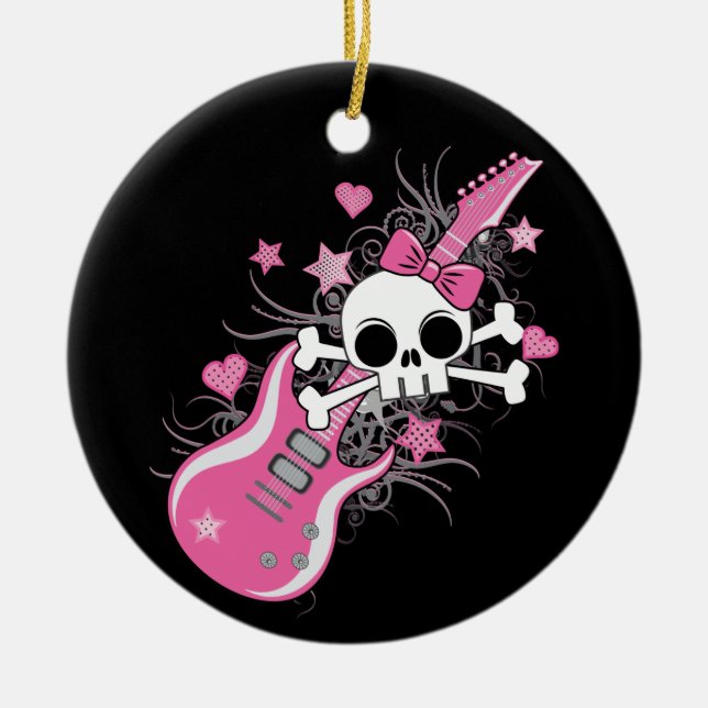 Cute Skull with Pink Guitar Ceramic Ornament (Front)