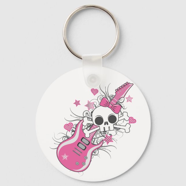 Cute Skull with Pink Guitar Keychain (Front)