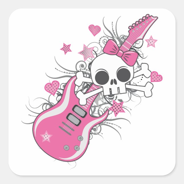 Cute Skull with Pink Guitar Square Sticker (Front)