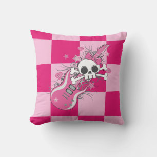 Cute Skull with Pink Guitar Throw Pillow