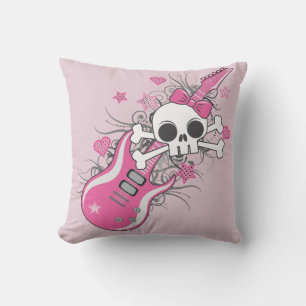 Cute Skull with Pink Guitar Throw Pillow
