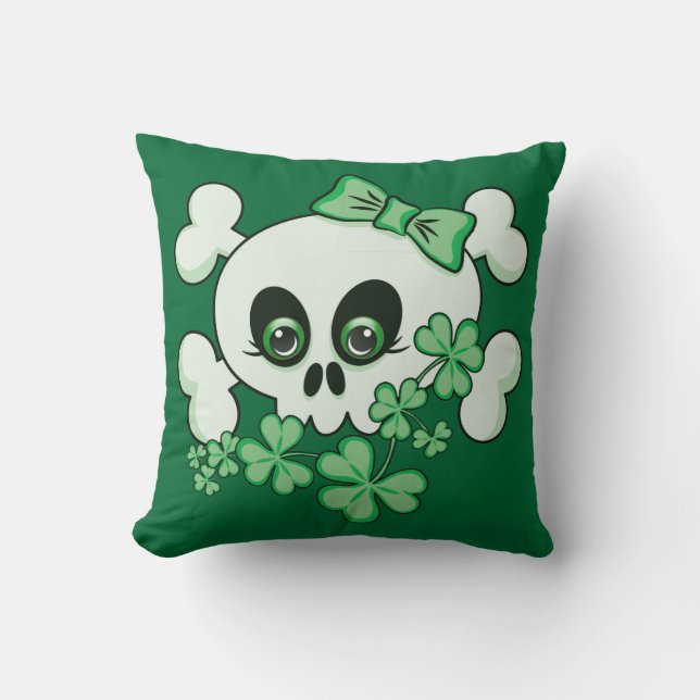 Cute Skull with Shamrocks Throw Pillow (Front)