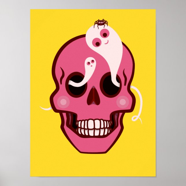 Cute Skull With Spider And Ghosts In Eye Sockets Poster (Front)