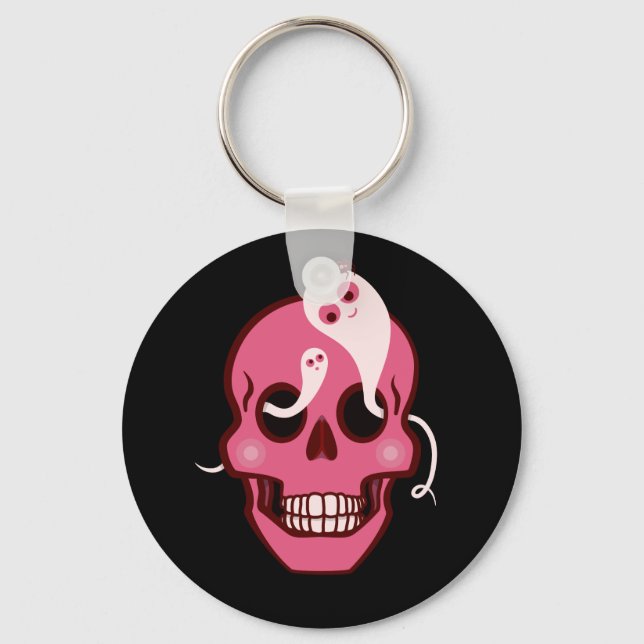 Cute Skull With Spider And Ghosts In Eyes Black Keychain (Front)