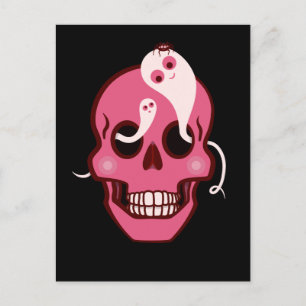 Cute Skull With Spider And Ghosts In Eyes Black Postcard