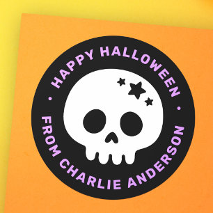 Cute skull with stars black purple Happy Halloween Classic Round Sticker