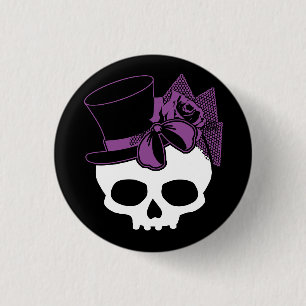 Cute Skull With Top Hat Purple Rose Bow Button