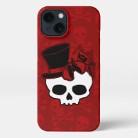 Cute Skull With Top Hat Rose Red Bow