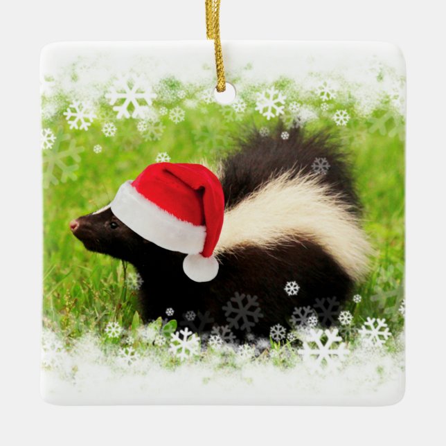 Cute Skunk Christmas Holiday Ceramic Ornament (Front)