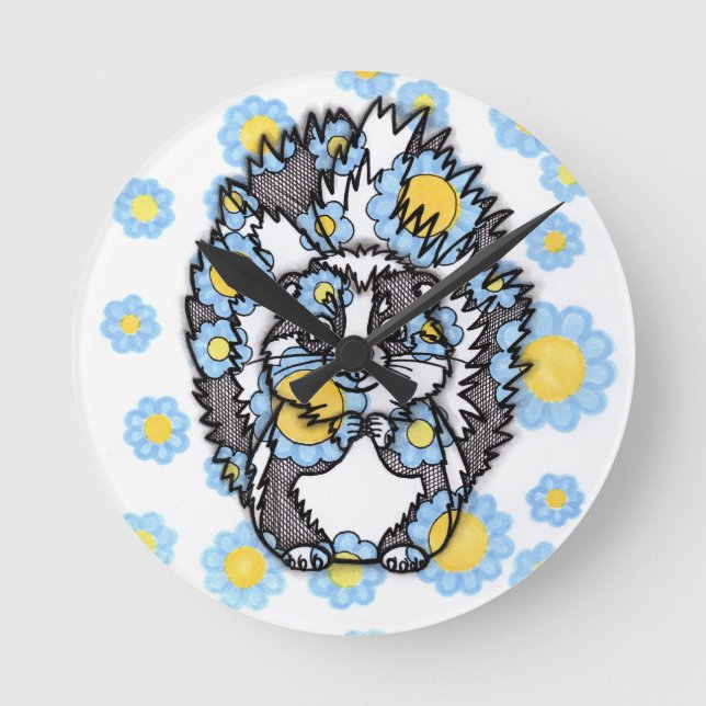 Cute Skunk with Blue Flowers Large Wall Clock (Front)