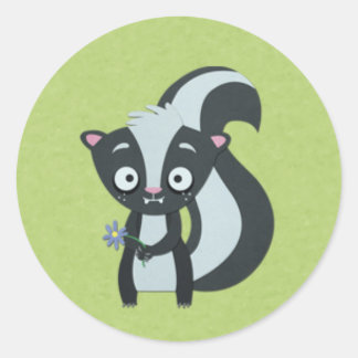 Cute Skunk with Flower on Green Classic Round Sticker