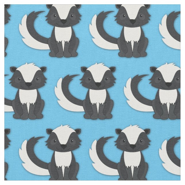 Cute Skunks Kids Blue Fabric (Close Up)