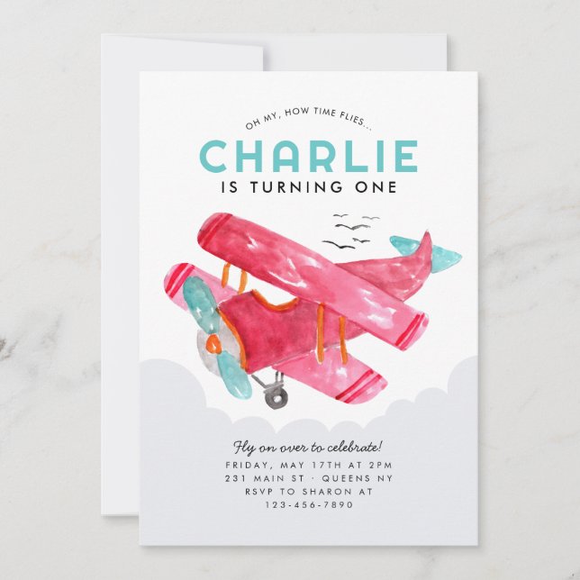 Cute Sky Cloud Watercolor Red Airplane Birthday Invitation (Front)