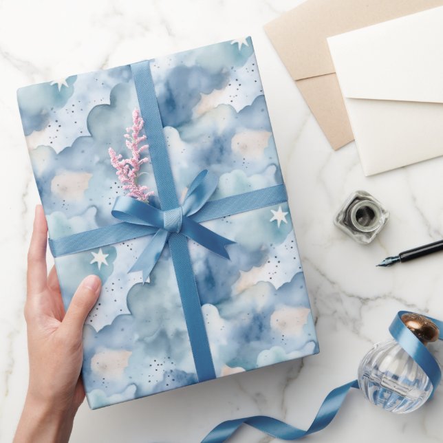 Cute Sky Star Watercolor Blue White Wrapping Paper (Gifting)