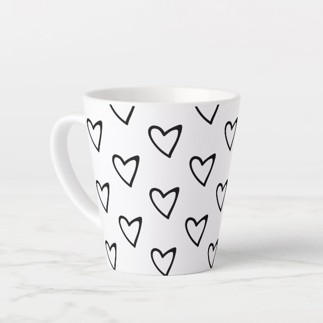 Cute Slanted Heart Black White Minimal Pattern Latte Mug (Left Angle)
