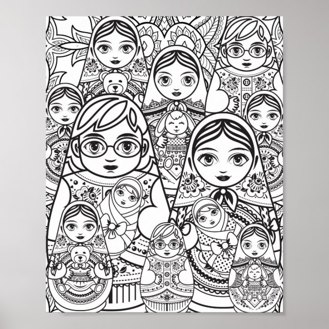 Cute Slavic Folk Art Nesting Dolls Family Colourin Poster (Front)