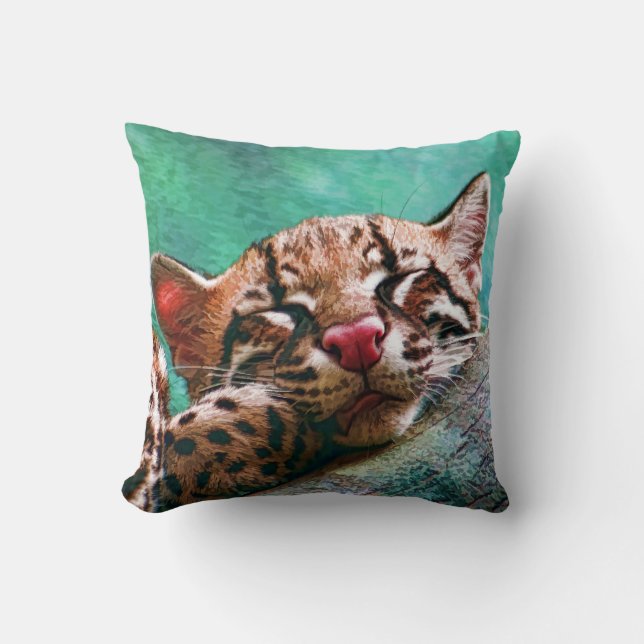 Cute Sleeping Baby Ocelot Kitten Throw Pillow (Front)