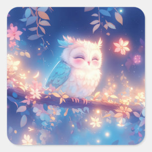 Cute Sleeping Baby Owl on Flowering Branch Square Sticker
