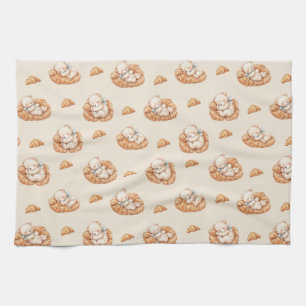 Cute Sleeping Bear in Croissant Beds Kitchen Towel