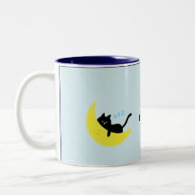 Cute Sleeping Black Cat on Moon Pastel Blue Coffee