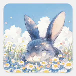 Cute Sleeping Blue Rabbit in White Daisy Flower Square Sticker