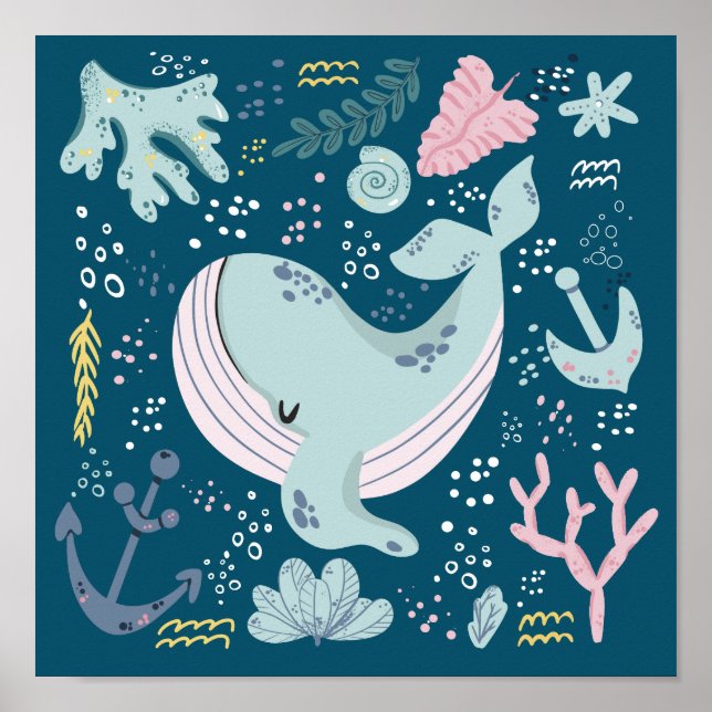Cute Sleeping Blue Whale Underwater Doodle Poster (Front)