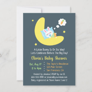 Cute Sleeping Bunny on Moon Baby Shower Invitation