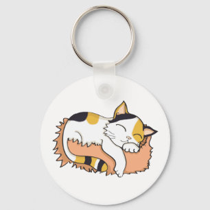 Cute Sleeping Calico Cat Keychain